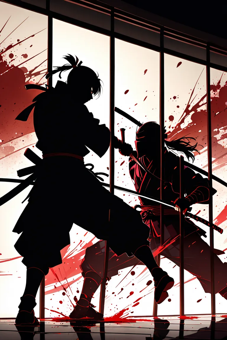 Silhouette painting 、draw a silhouette of one ninja and one samurai fighting with a sword on the shoji、Blood splashes on the samurai side