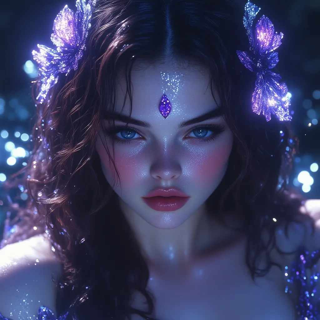 photo 4k. Beautiful nymph with European features long dark black hair blue eyes sapphires reddish lips white porcelain skin glow effect, With red cheeks she wears a purple silk dress she is in the sea submerged in water with wet hair it is night and the gl...