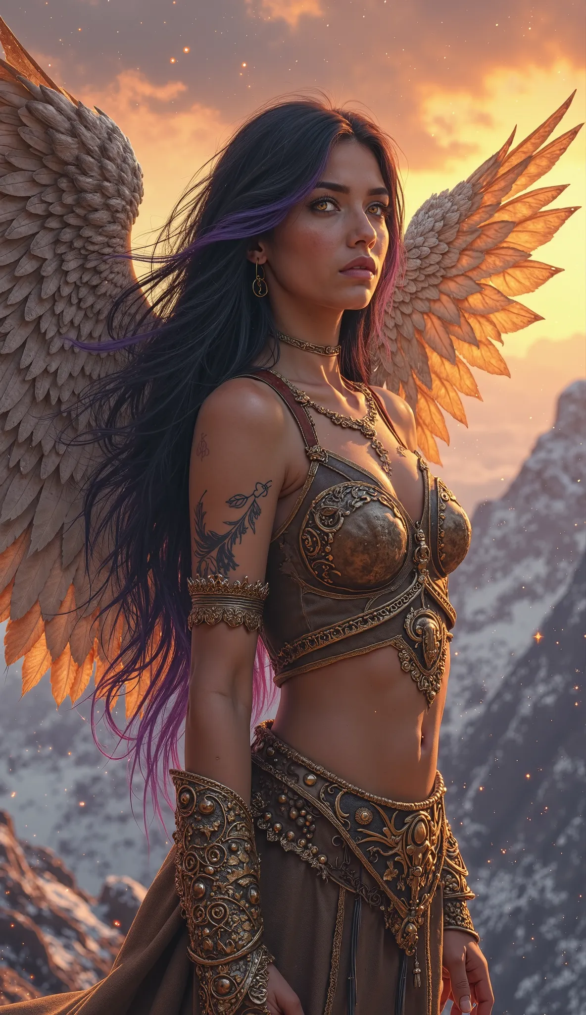 Brave young warrior woman (20-25 years), angelic face with fierce gaze, long raven-black hair with violet highlights, glowing golden amber eyes, tanned skin with feather tattoos on arms and neck. Wearing light brown leather armor with gold details and embe...