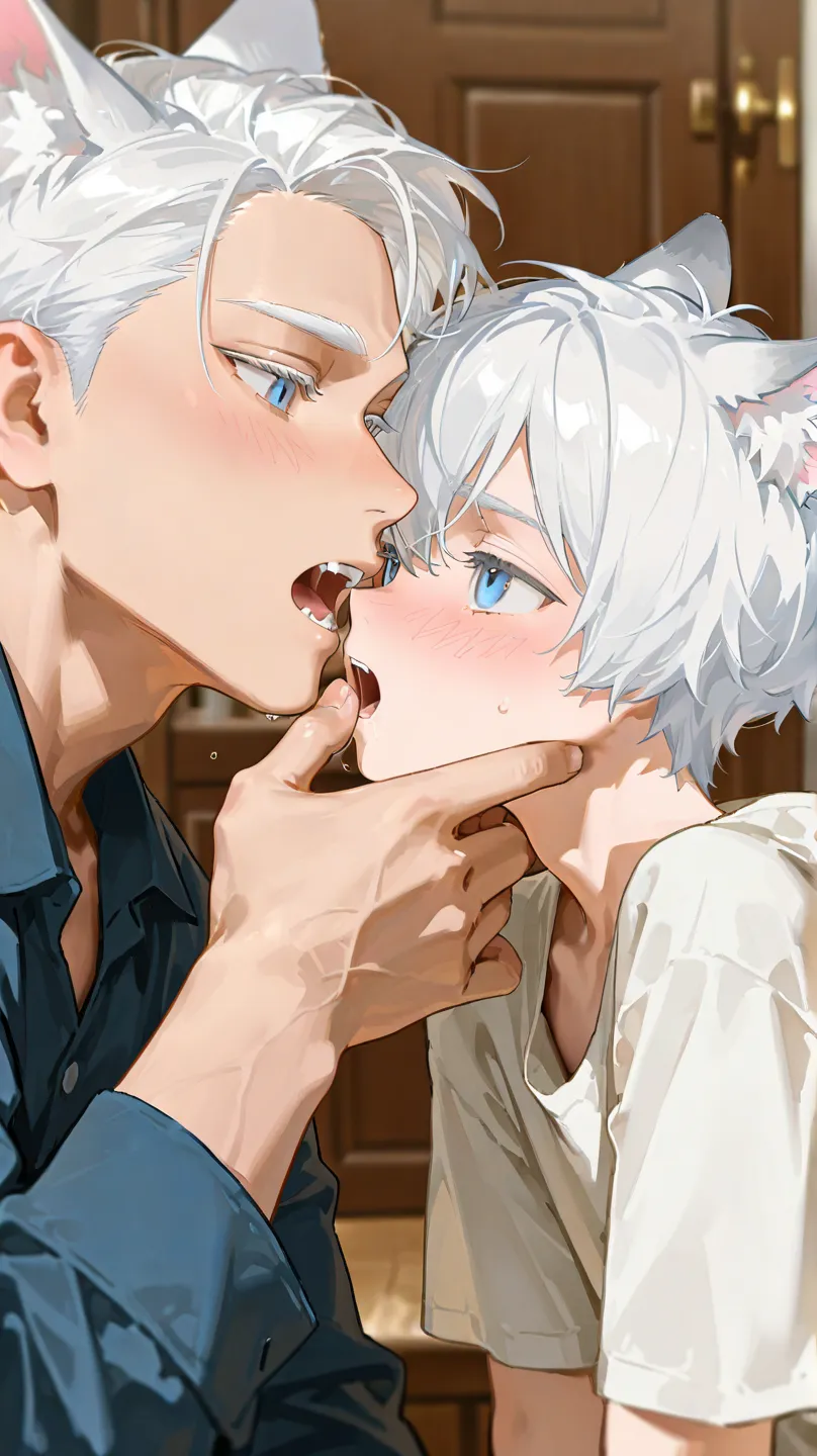 young boy,cat boy,white hair,blue eye,blush,large man and cat boy,the boy opens his mouth wide,grown men have toothbrushes