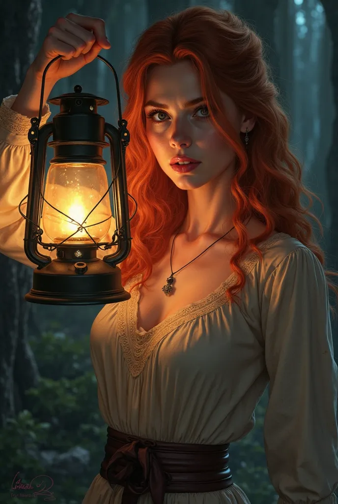 Make a redhead woman holding a lantern