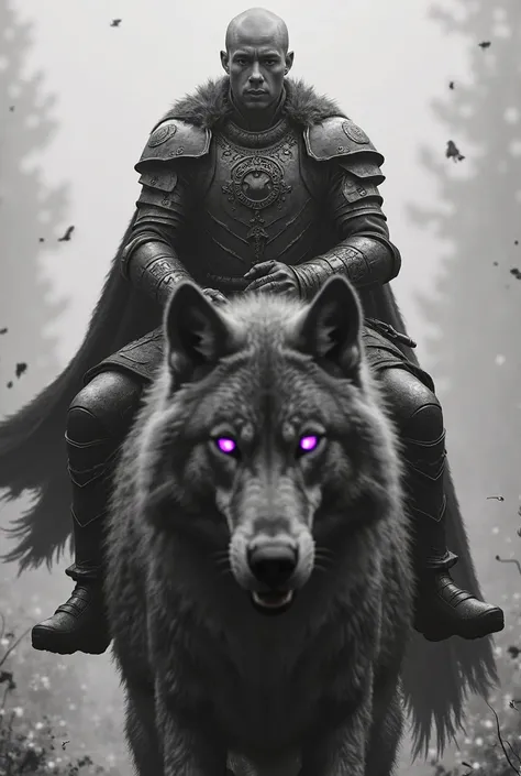 A black and white image shows in the distance a young bald man whose face cannot be seen, dressed in detailed armor . It is riding on an imposing giant wolf, whose purple eyes shine brightly, creating a striking contrast in the scene.

