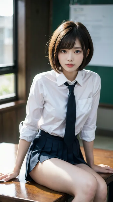 (((masterpiece))), (best quality), Super detailed, fine details, High resolution, 8K,wall paper, perfect dynamic composition,Details High quality,one japanese girl, whole body, 18 year old girl, (very shortcut hair:1.3), black hair, (in the classroom), (sc...