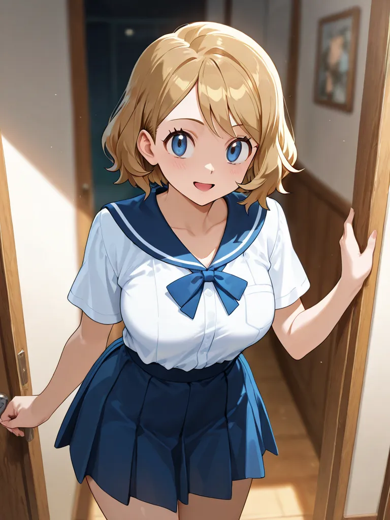 Serena , from Pokemon, with blue eyes, blonde hair, her age is about 17, her breast is in medium size, she wears a hot Japanese school uniform, and her face show gently anger, not blury face .