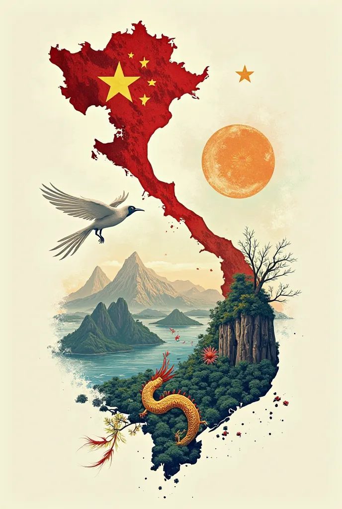 "An image of the map of Vietnam, combined with the image of the Lạc bird, dragon, or Đông Sơn drum, representing national pride.

Add natural elements such as mountains, rivers, and the sea to symbolize the country's beauty and richness."


