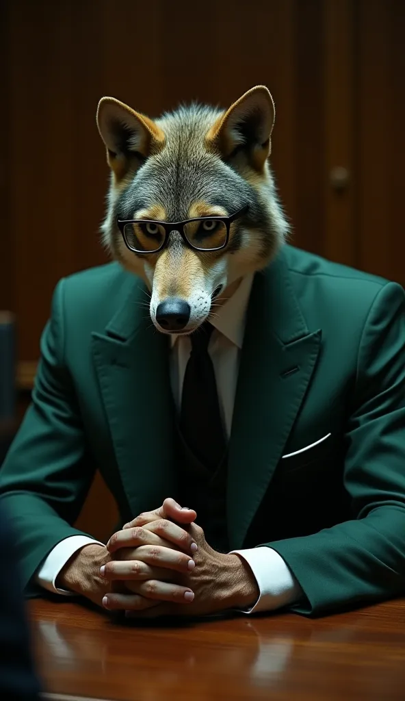 A tall, human-like Italian Wolf, wearing a dark green vintage three-piece suit, a white dress shirt, and a black tie. The wolf has slicked-back fur, sharp facial features, and wears classic rectangular glasses. His expression is stern and calculating, with...