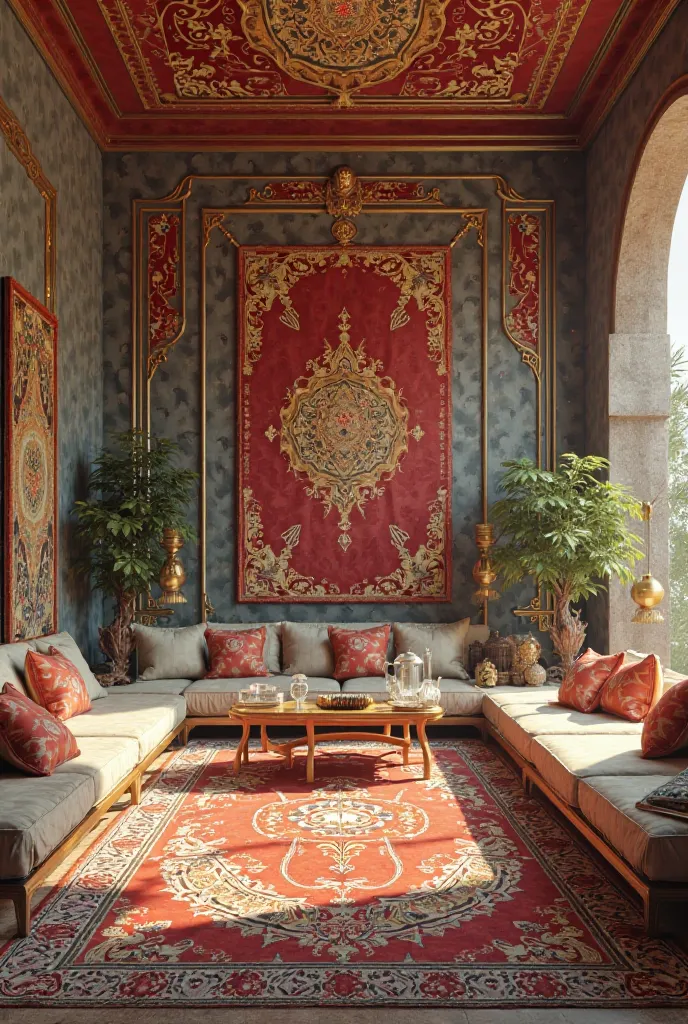 A relaxing room, with couchons and pillows with symbolic art all over the room, beautiful tapestry, water jars and glasses with ornaments, all in arabic style with futuristic elements