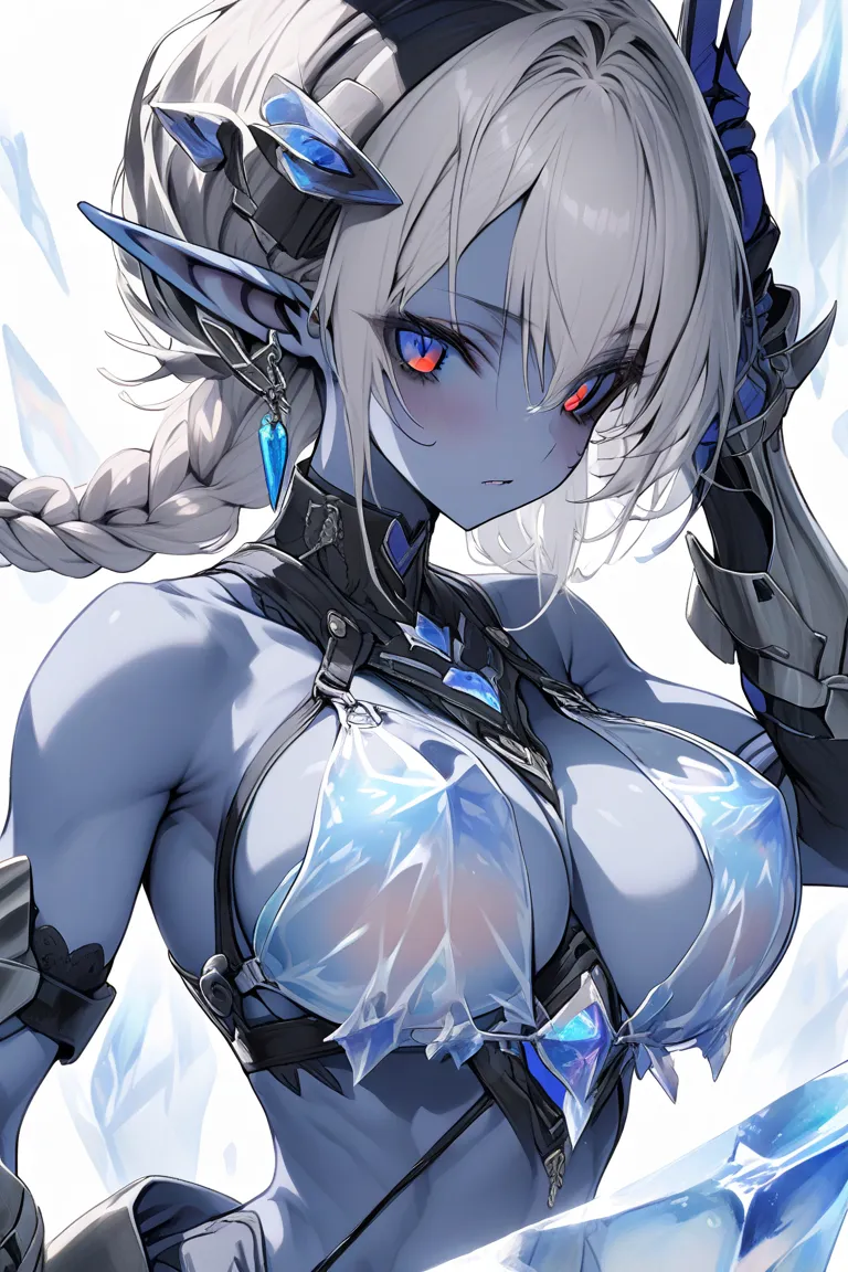 Elf female, dark grey blue skin, fitness body, great breasts, covered by translucent ice bra, translucent ice panty, translucent armored greaves, translucent armored gauntlets,grey hair, braided long ponytail, black sclera, blue bright eyes, blue bright ru...