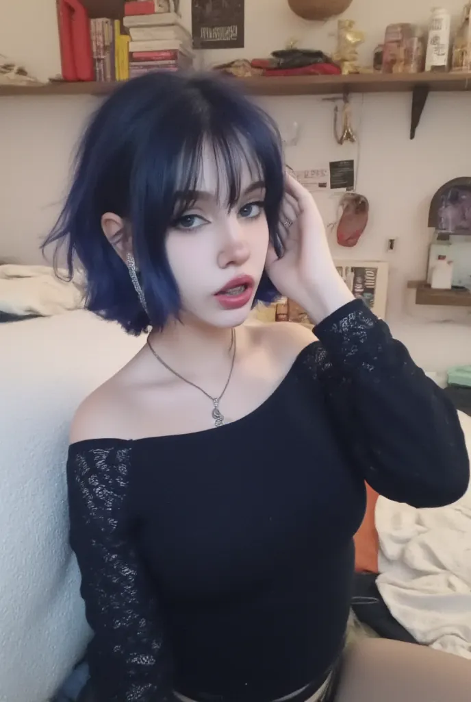 goth girl, egirl, slut, slutty, 1girl, solo, breasts, realistic, off the shoulder navy blue sweater, the image is a high-resolution photograph of a young woman facing the fridge and looking back at you. She has a light skin tone and medium length, straight...