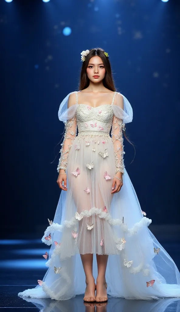 Young tall woman, light-medium skin tone, 20s-30s age range, radiating confidence and grace.  Elegant, ethereal white gown adorned with delicate, pastel-colored butterfly appliqués and floral embellishments.  Soft, flowing chiffon fabric, layered in tiered...