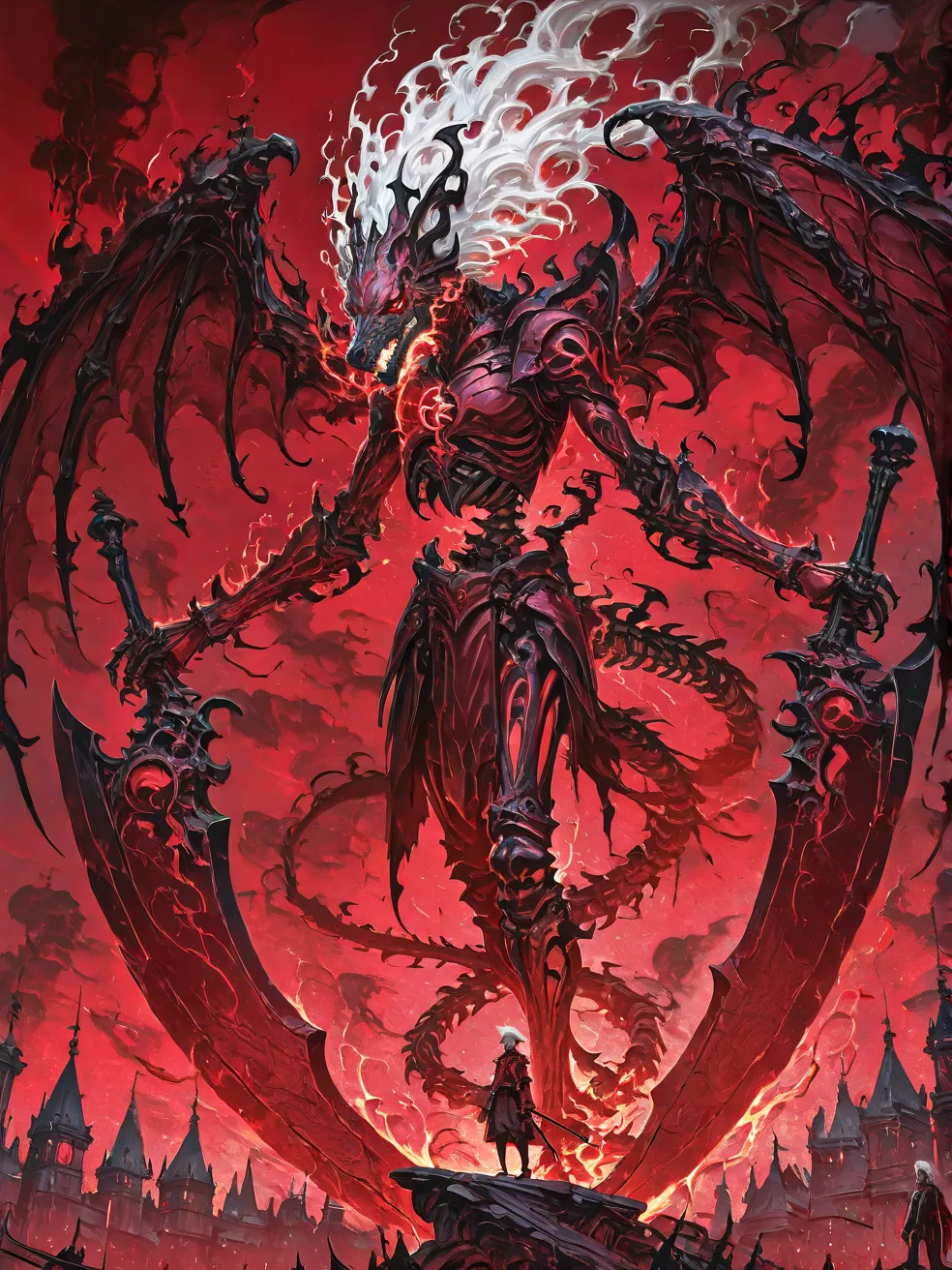 a central figure in elaborate, dark red armor with sharp, angular designs, standing confidently amidst a chaotic scene. The character has long, flowing white hair and pale skin, exuding an aura of power and command. Surrounding the figure are skeletal warr...