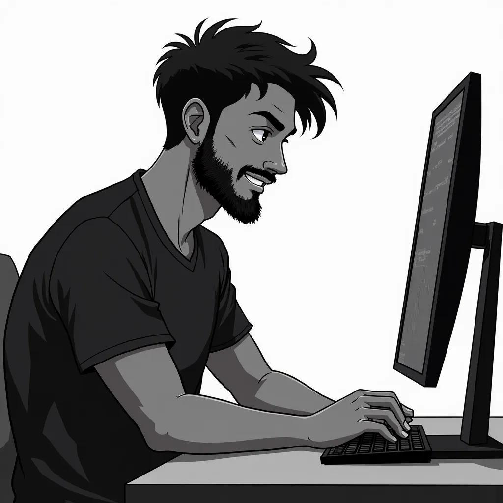  Young man, with lenses, 85kg, happy, satisfied, with beard, short hair, 30 YEARS, trading on the computer, anime, Anime Style, black and white, full body