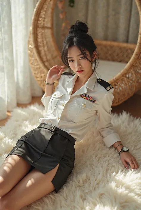 Young and beautiful indonesian sundae girl, Black hair Elegant bun , wore ((Pilot Army uniform with rank on shoulders and chest,sexy white color)) with short tight black skirt,wore topi perwira tentara navy,wore jam tangan,ideal body ,ideal solid chest ,ly...