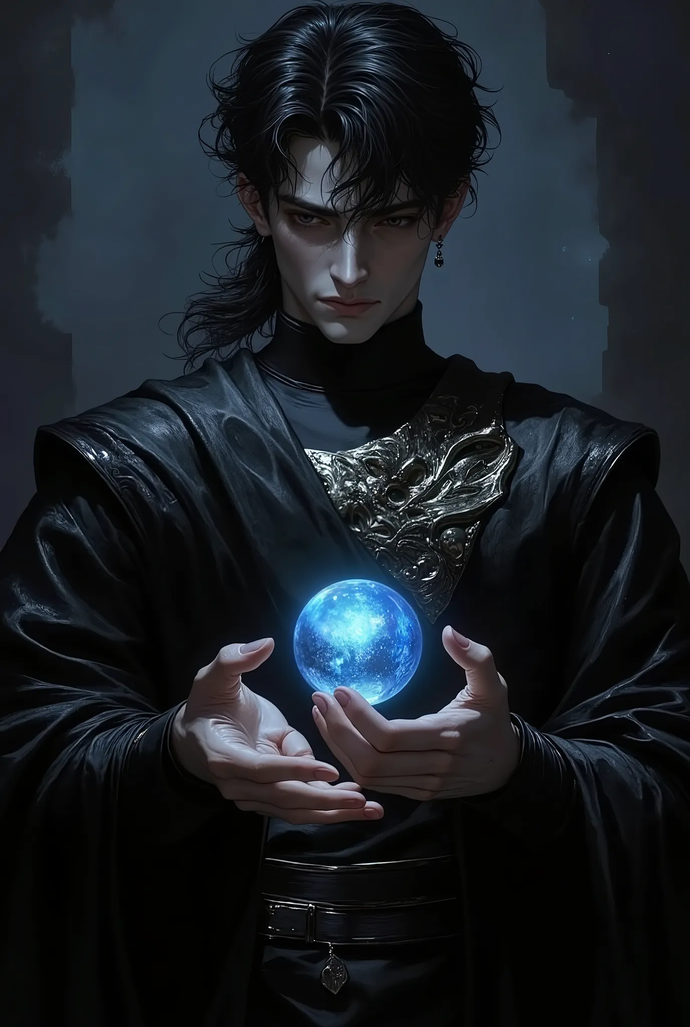 a young man with dark wavy hair wearing a black cloth warrior uniform and holding a glowing blue ball in his hand (black uniform, ).