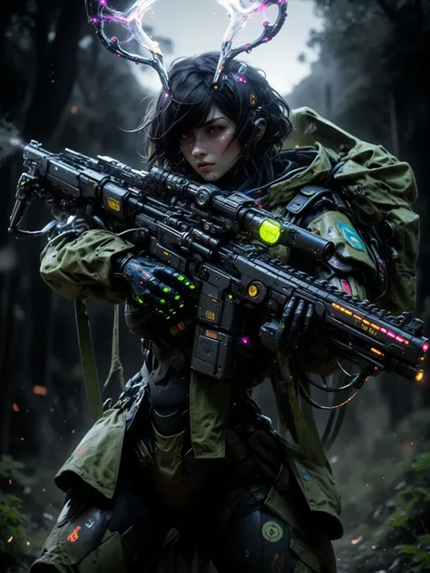 Mathilda, Cybernetic pale female , Short Black Hair, wearing Green Camouflage Light Armor,  Ghillie Suit, Deer Antlers on Head, Holding a High tech Sniper Rifle, glowing Red eyes, walking through a dark forest, During the Night, Moon High in the sky