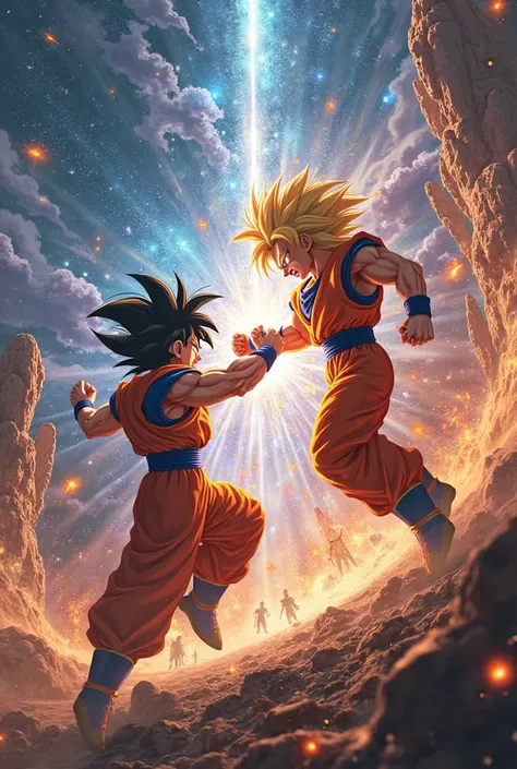 Goku vs Broly in space fighting and with stands where the gods watch the fight

