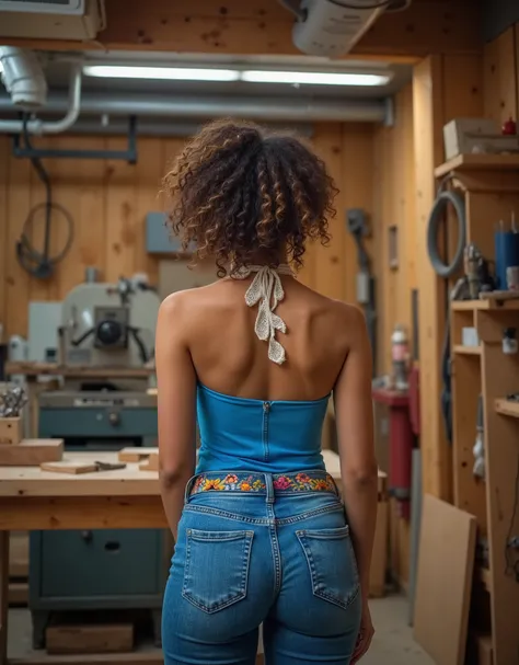  Professional photographic shot of a woman in a rustic woodworking studio, wearing a vibrant blue open-back bodysuit and fitted denim jeans. A decorative belt with colorful patterns cinches her waist, and a delicate white lace ribbon adorns her curly hair....
