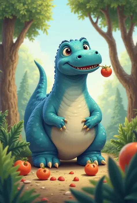 Animated brontosaurus for ren, Eating fruit from trees. blue dinosaur with big eyes and chubby