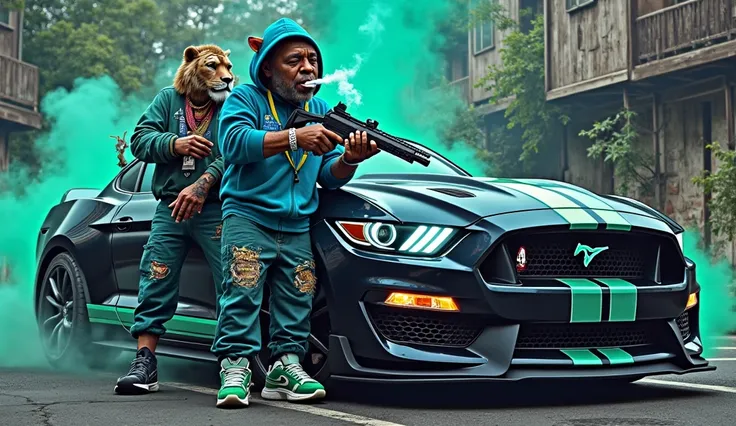 Create me a wallpaper of an army of , Goats, Pumas , animated gorillas and tigers smoking joints , NY Yankkes blue cyan prison mode tracksuit , in a black and phosphorite green Ford Mustang, A Glock, neck and arm tattooed with a tribal , a pink rosary neck...