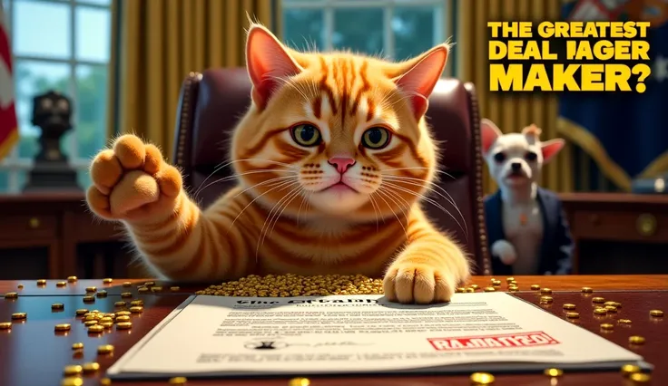 A highly detailed and realistic orange tabby cat with Donald Trump’s signature hairstyle sits behind the Resolute Desk in the Oval Office. The cat has a serious and confident expression, raising one paw as if delivering a powerful speech. The desk is cover...