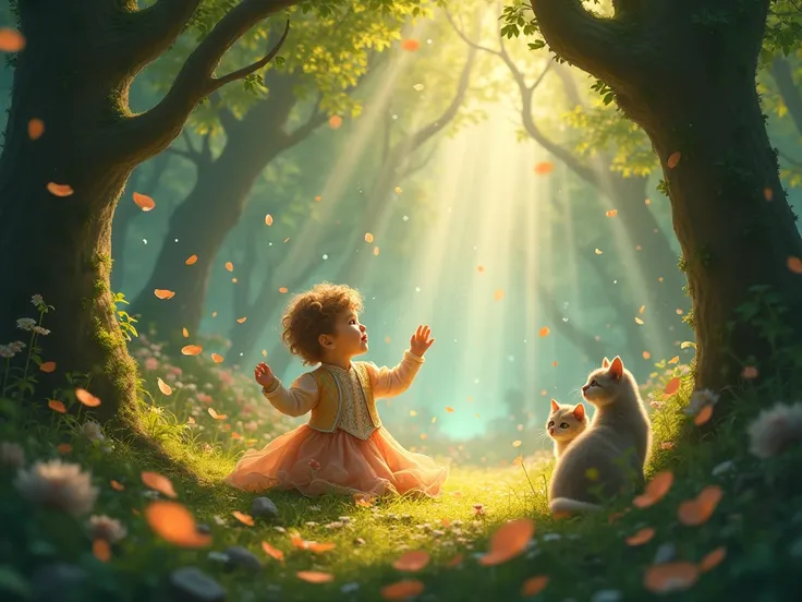 Lovely little noble, Playing in the forest with cats and fireflies, on the canopy shining down the sparkling rays of peach petals flying in the wind.  Starry sky 