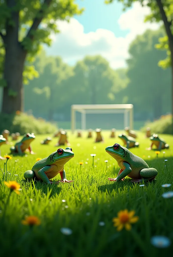 Lots of green toads on a soccer field