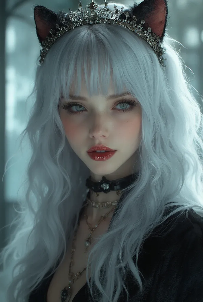 Create an Instagram influencer, with the name "(Kiara Moon)", " silver hair", "fair skin", "soft goth", "loud lips always shining", " sophisticated accessories ", "little face of ", "wearing a cat collar and tiara"