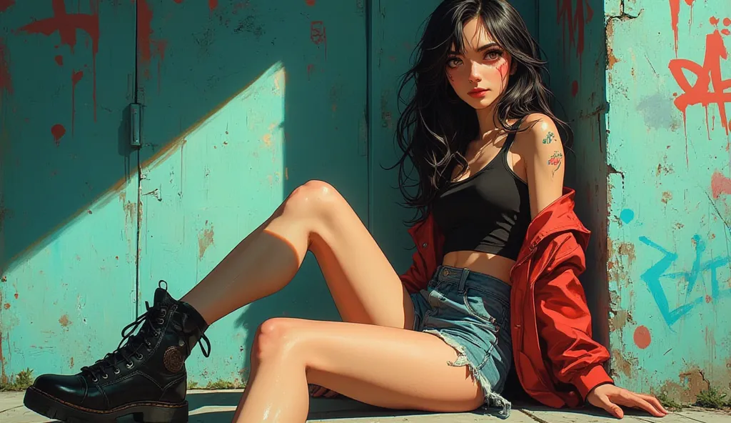 8k, masterpiece, highest quality, Dark hair, large eyes, pale skin, slight smile. Black tank top, denim shorts, red jacket, high-top boots. Relaxed, legs apart, leaning back. Graffiti-covered teal wall, sunlight, paint splatters.
