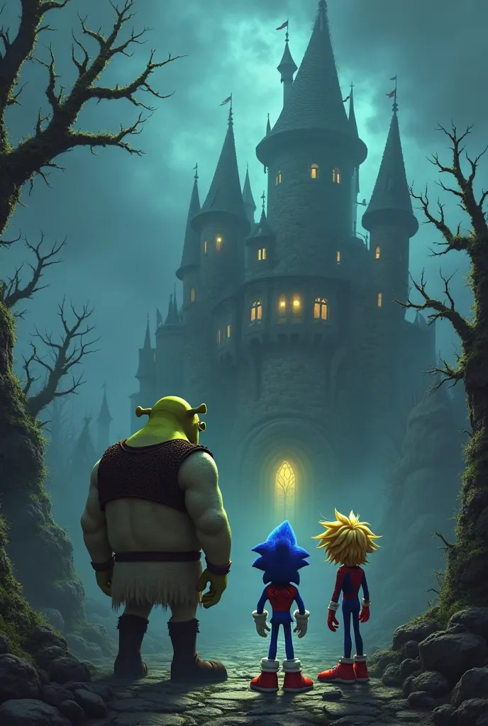 Prompt: A magical and dark castle surrounded by dense fog, with crooked towers and ghostly lights in the windows. in front, shrek (a green ogre and big), Sonic (a swift blue hedgehog),  Spider-Man ( with his red and blue suit ) And Goku  (with golden hair ...