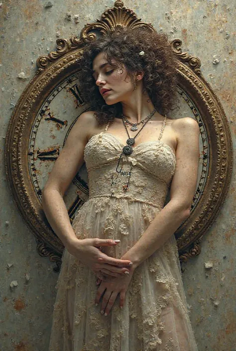 Create an art, design, With more delicate features an antique clock with a shattered hand, On top of one of the broken parts a voluptuous woman with curly hair lying down, of her face dripping some tears, Between the shards a phrase "Slow down you Crazy 