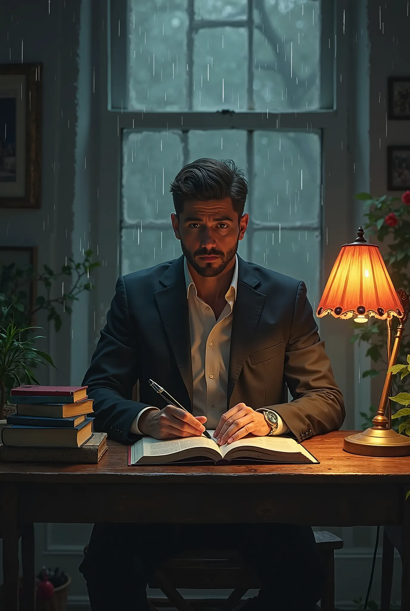 arafed man sitting at a desk with a lamp and books, a hyperrealistic painting by Aleksander Gine, pexels contest winner, digital art, hyperrealistic composition, real life portrait, hyperrealistic picture, realistic art, hyperrealistic illustration, atmosp...