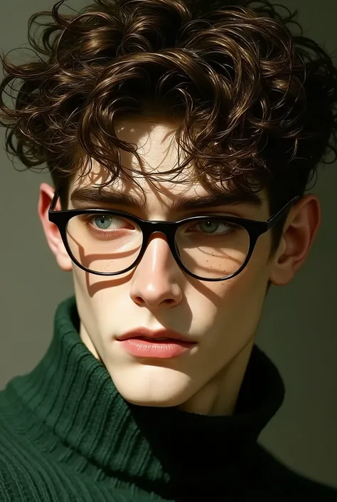 A handsome young man with short brown hair, blue eyes and freckles, wearing black glasses with transparent lenses and a green sweater covering his neck, his features are medium close up. Big curly afro hair. white pale skin