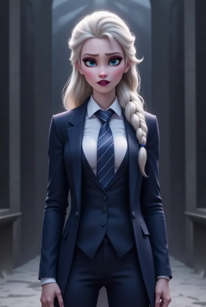 Elsa　　navy blue stripe tie　white shirt up to the 3rd button　　Navy Blue Blazer　　devil　　Dracula　vampire

