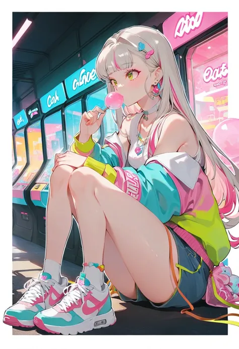 1 girl,  Eat Bubble Gum,   multicolored hair ,  shoulder-length hair , Retro Outfits , Sneakers, Sideways glance, is sitting, Hyper Pop, In the arcade,  retro vibe,  OUTLINE , masterpiece, best quality, 