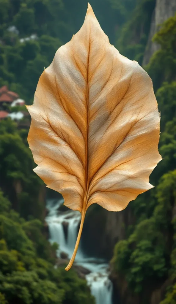 a super large jumbo sized dry leaf floating in the air. a 3d portrait of a beautiful Indonesian woman wearing a scarf on her head with a charming smile appears. with a high cliff background, beautiful natural scenery filled with shady trees, waterfalls, an...