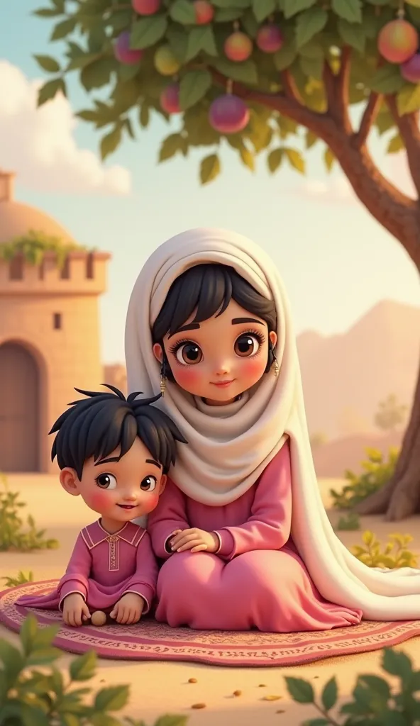 "A  wearing a simple Islamic dress in bright colors (pink and white), wearing a small head covering that matches the dress, her black hair is showing cutely, her eyes are wide and express innocence, she is sitting on a small patterned carpet next to her br...