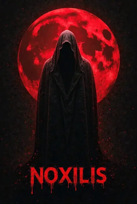 Round 2D logo for a band that plays dark alternative rock in red, gothic style in white and black colors, group name Noxilis without 3D effects draw a blood moon on the text background 