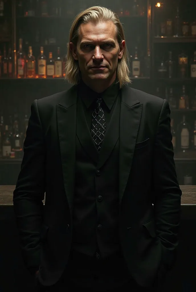 A MAN WITH MEDIUM BLONDE HAIR, STANDING BEHIND A BAR, WITH A BLACK SUIT ON AND A SINISTER SMILE