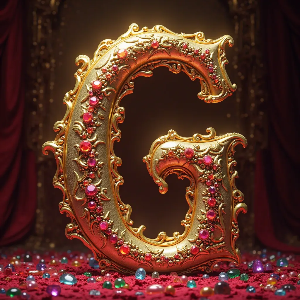 A capital letter g, full of gold and red elements, In addition to colored stones.