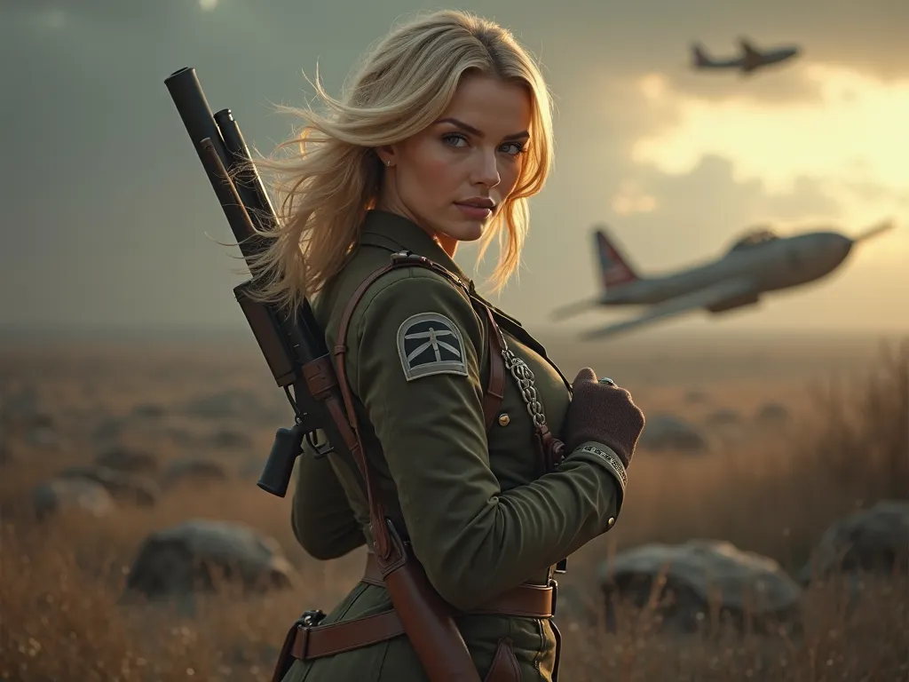  German Soldier High Resolution, obra maestra, blonde hair, big breasts, blush, American plane, Cinematic lighting,  sexy legs, War setting, Firearm in the hands, high-heeled shoes 