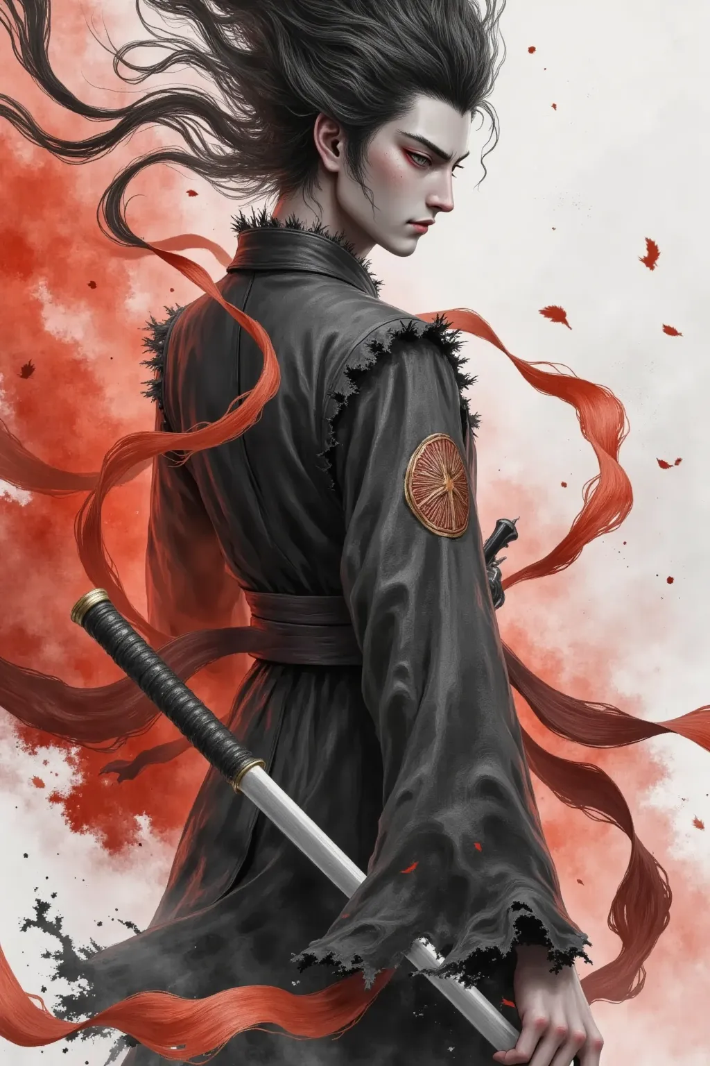 high quality, super realistic,4K,8k,master works,Extreme Details,Realism,Professional Photography,Chinese martial arts，Holding a long sword，Chinese Ink Painting,huge flowing flowing long hair, Handsome Male ,Broken Robe,Dynamic action ,Mysterious Smoke,Red...