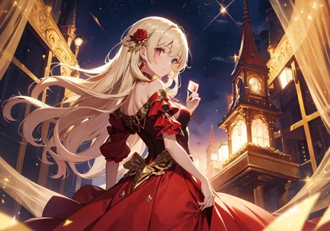 A beautiful girl wearing a red dress with gold accents looks back over her shoulder while holding a diamond card. Her soft hair sways gently and there is an elegant light in her eyes. In the background, the magical light of softly sparkling diamonds spread...