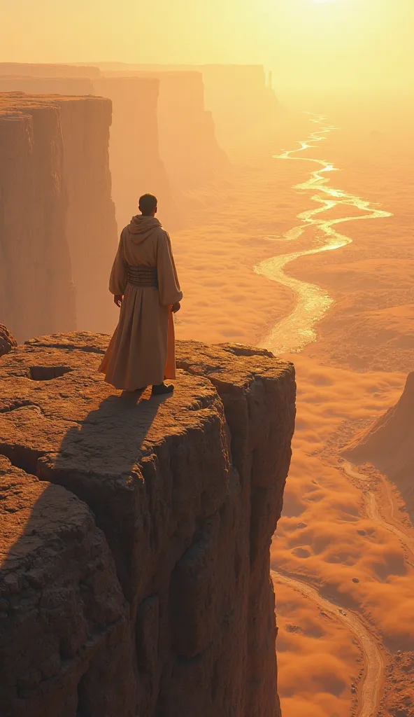 "POV on top of a cliff, looking at the horizon. The desert stretches to infinity. A new reign begins."
