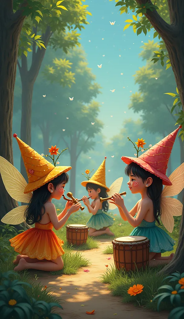 fairies wearing triangular hats、drum、Maracas、Play music with flutes, etc.、enjoying the festival by drawing pictures on their faces.
