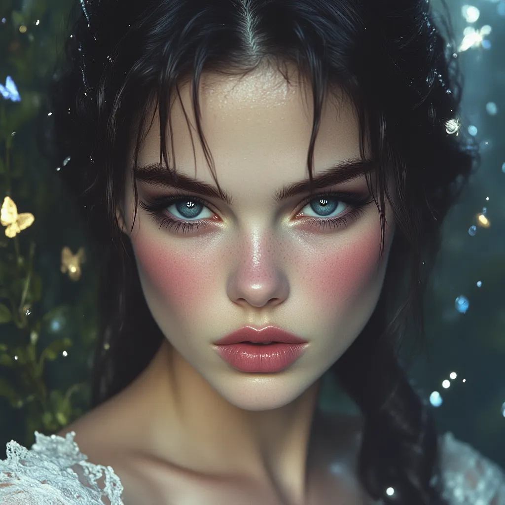 Close up image, close up face, OF A BEAUTIFUL YOUNG WOMAN SIMILAR TO MEGAN FOX, STYLE,  shiny porcelain skin , sapphire blue eyes,  long black hair , blushed cheeks,  reddish lips eyebrows, she wears a delicate white vintage dress, , she is stuck in a lake...