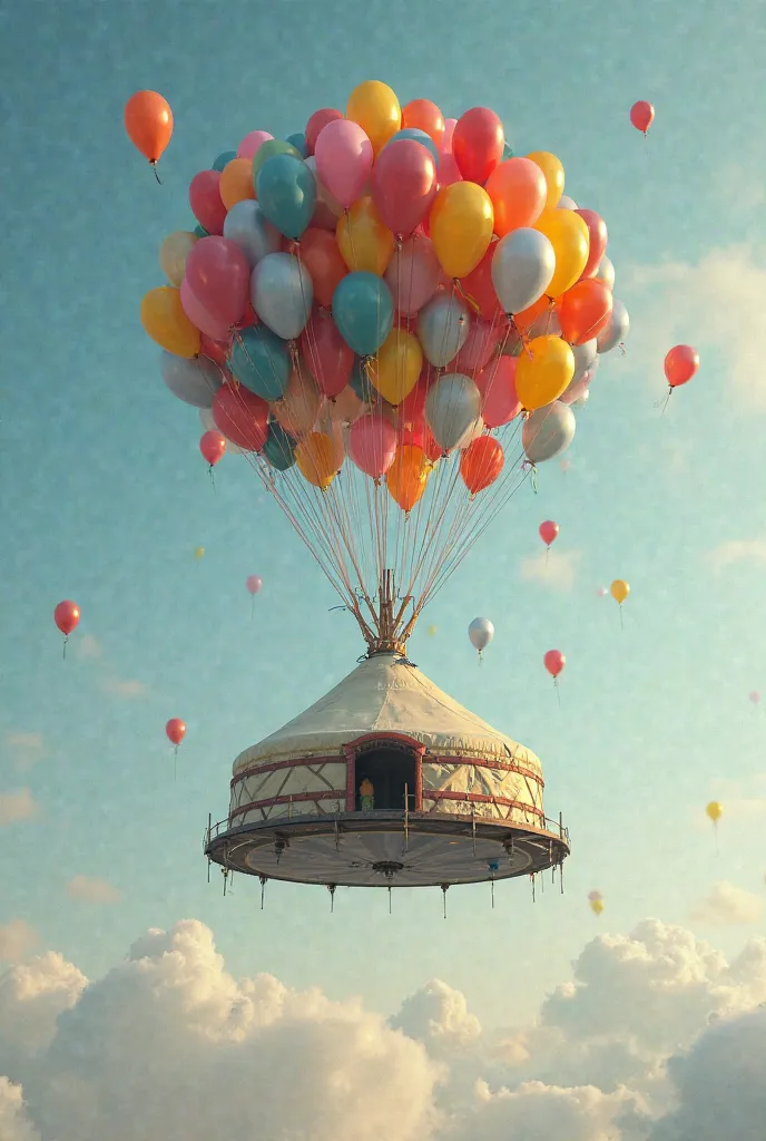 A yurt is flying in balloons