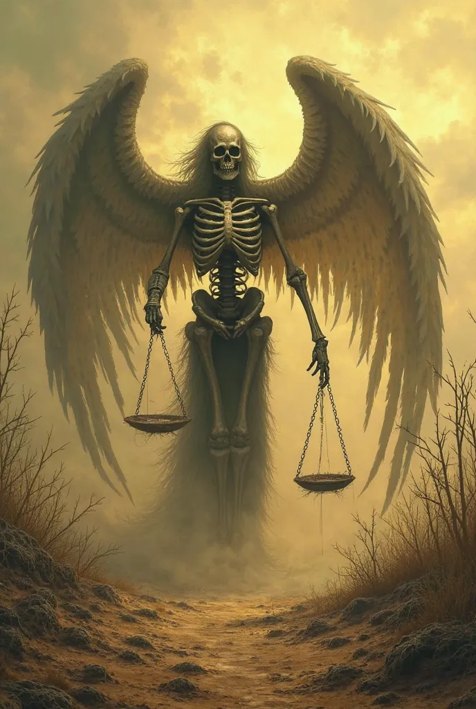 "A skeletal and terrifying angel, with thin and translucent wings. He is enveloped in a dark aura, holding an unbalanced scale. Around him, the land is dry and cracked, with dead crops and leafless trees. The sky is yellowish and oppressive. Realistic styl...