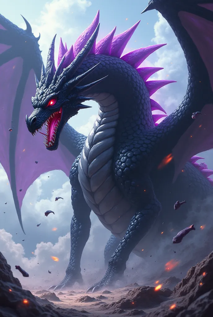 Anime black dragon with purple thorns on his back Dxd anime style being a dragon that eats other dragons 