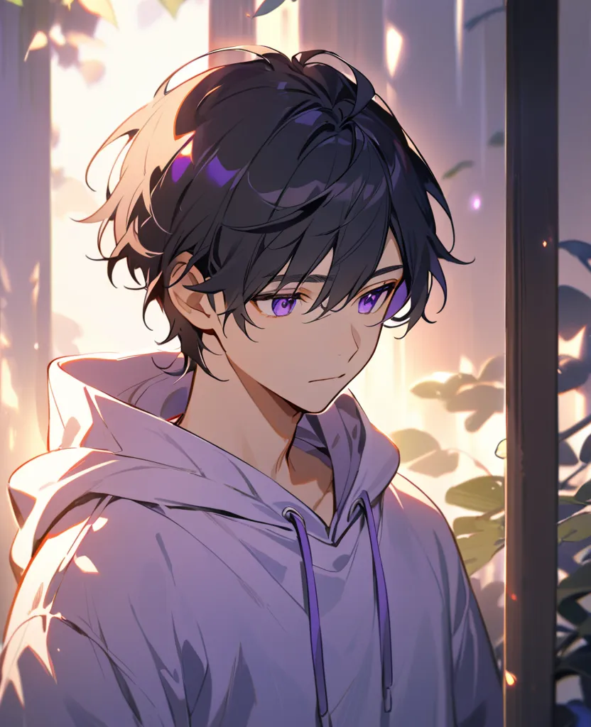 alone  ， black hair，chip purple highlights， male、purple eyes ， sagitales、smile, hoodie、Calm hair、smile、upper body、