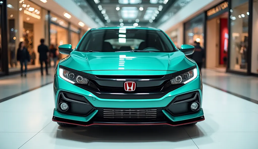 A front view photo of a teal (2025  Honda HR v  Honda Civica sleek, full modified, modern design. The car is parked on a white surface. The background is a shopping mall with white lights. The photo reveals the luxurious interior. The overall ambiance is s...